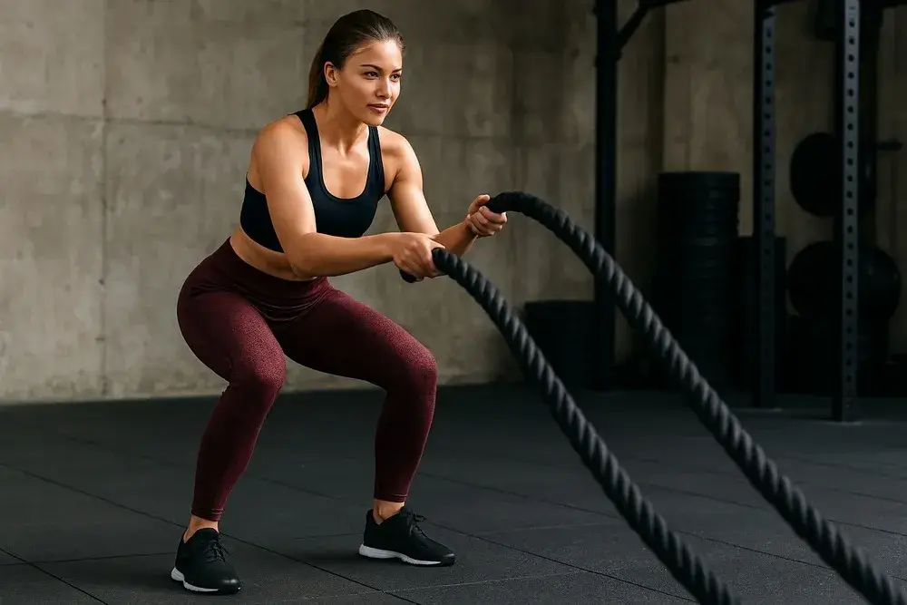 Mulher treinando com corda usando legging perfeita para crossfit