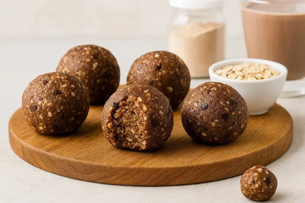 Doce fitness, brigadeiro proteico de aveia servido em tabua de madeira