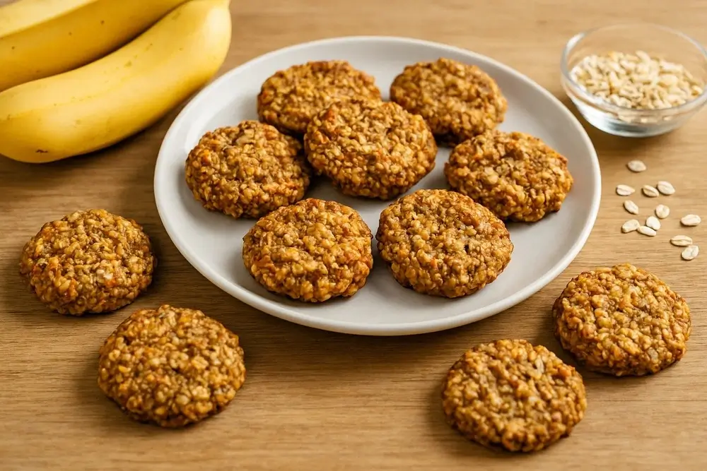 Doce fitness, cookie de banana e aveia servido em prato de porcelana