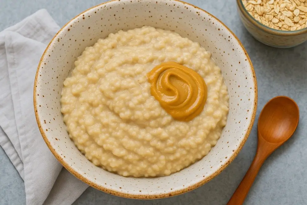 Mingau de aveia e com pasta de amendoim servida em prato branco e redondo