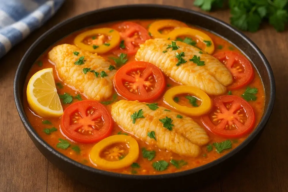 Moqueca de Tilápia servida em prato redondo, com tomate, limão e outros acompanhamentos.