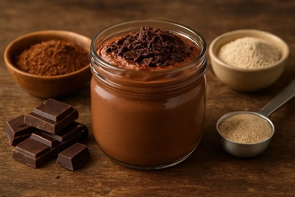 Doce fitness, mousse de chococalte fit servido em travessa de vidro