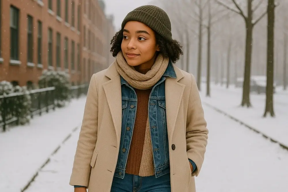 Mulher andando pela cidade no inverno, usando roupas de inverno e abusando do estilo layering.