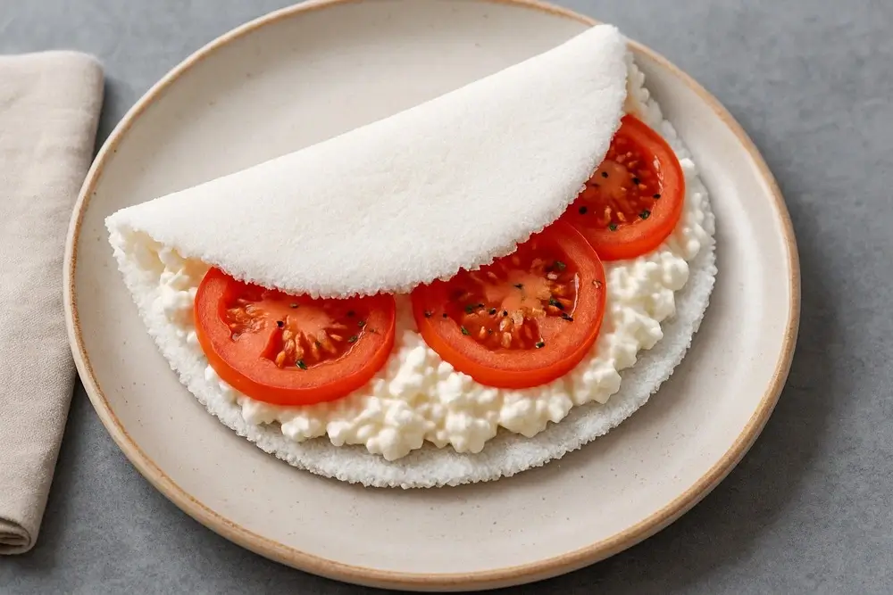 Tapioca com queijo cottage e tomate servida em prato branco e redondo
