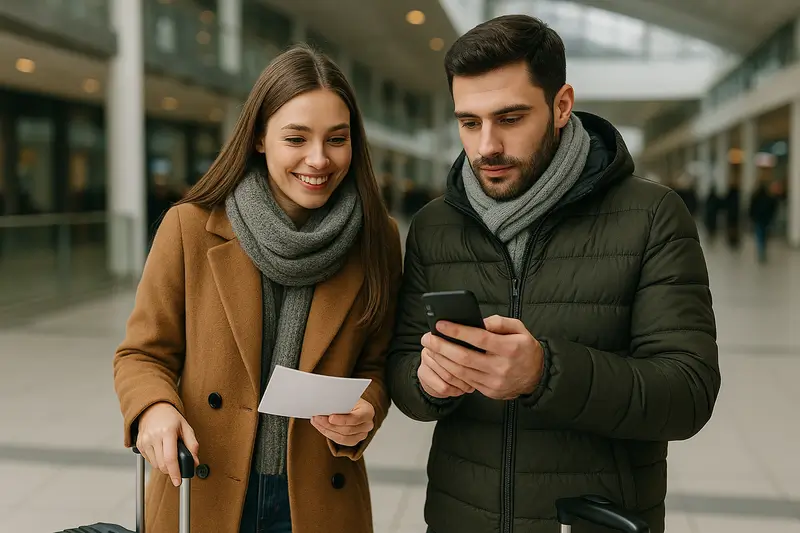 Casal vestindo roupas de frio, segurando passagens e celular se preparando para as viagens no inverno, dentro de aeroporto moderno.