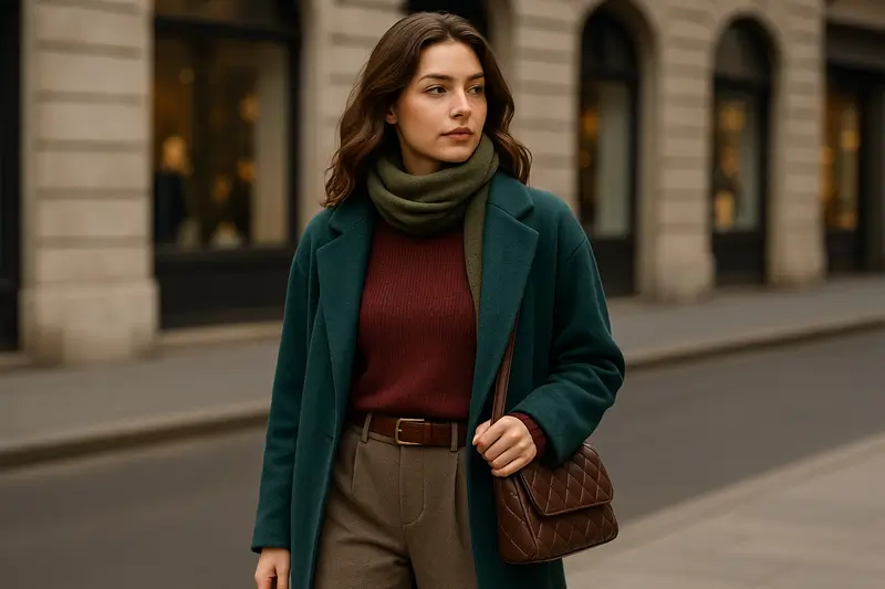 Mulher passeando por calçada de cidade europeia, usando roupas de inverno feminina em alta em 2025.