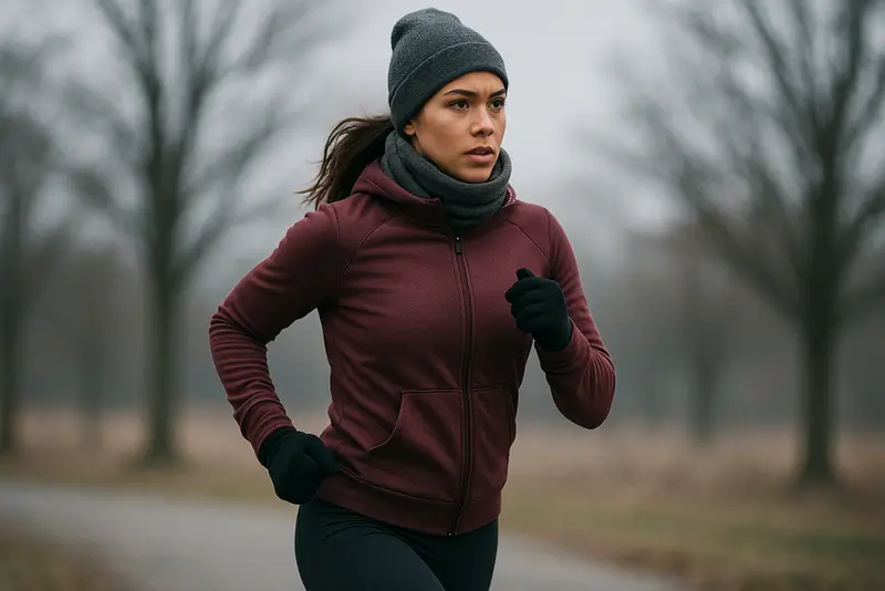 Mulher treinando no frio acompanhando a moda fitness, usando roupas de inverno em vegetação.