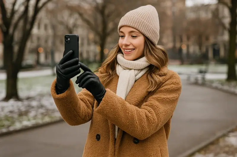 Mulher tirando selfie usando roupas de inverno estilosa que esta viralizando no tiktok, em praça com neve fraca.