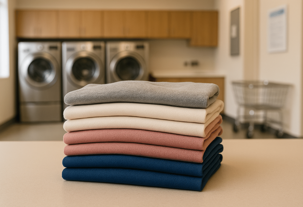 Roupas dobradas, limpas e prontas para serem guardadas. Foram lavadas em lote, esse é um dos jeitos de como baixar a conta de luz, usando a inteligência. Em lavanderia moderna e organizada.