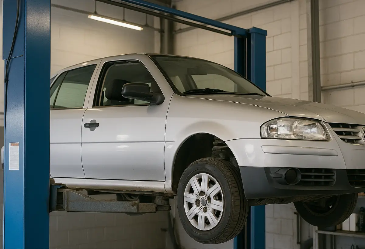 Carro popular brasileiro tendo manutenção em oficina. Fazendo todas as revisões para economizar combustível se dirigir de forma segura.