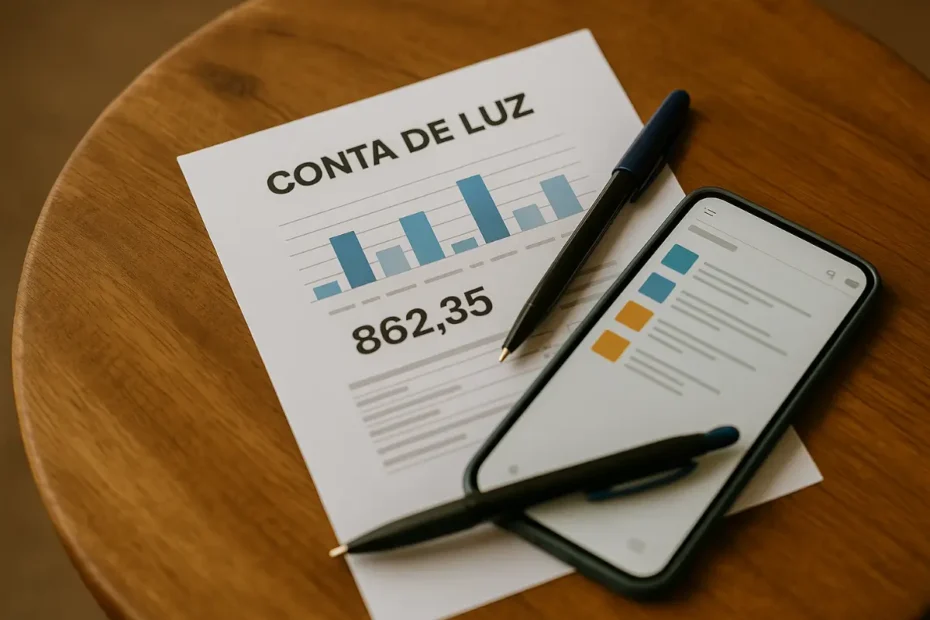 Mesa com folhas e canetas por cima e smartphone ligado com aplicativo aberto, levando a pergunta de como economizar na conta de luz no inverno