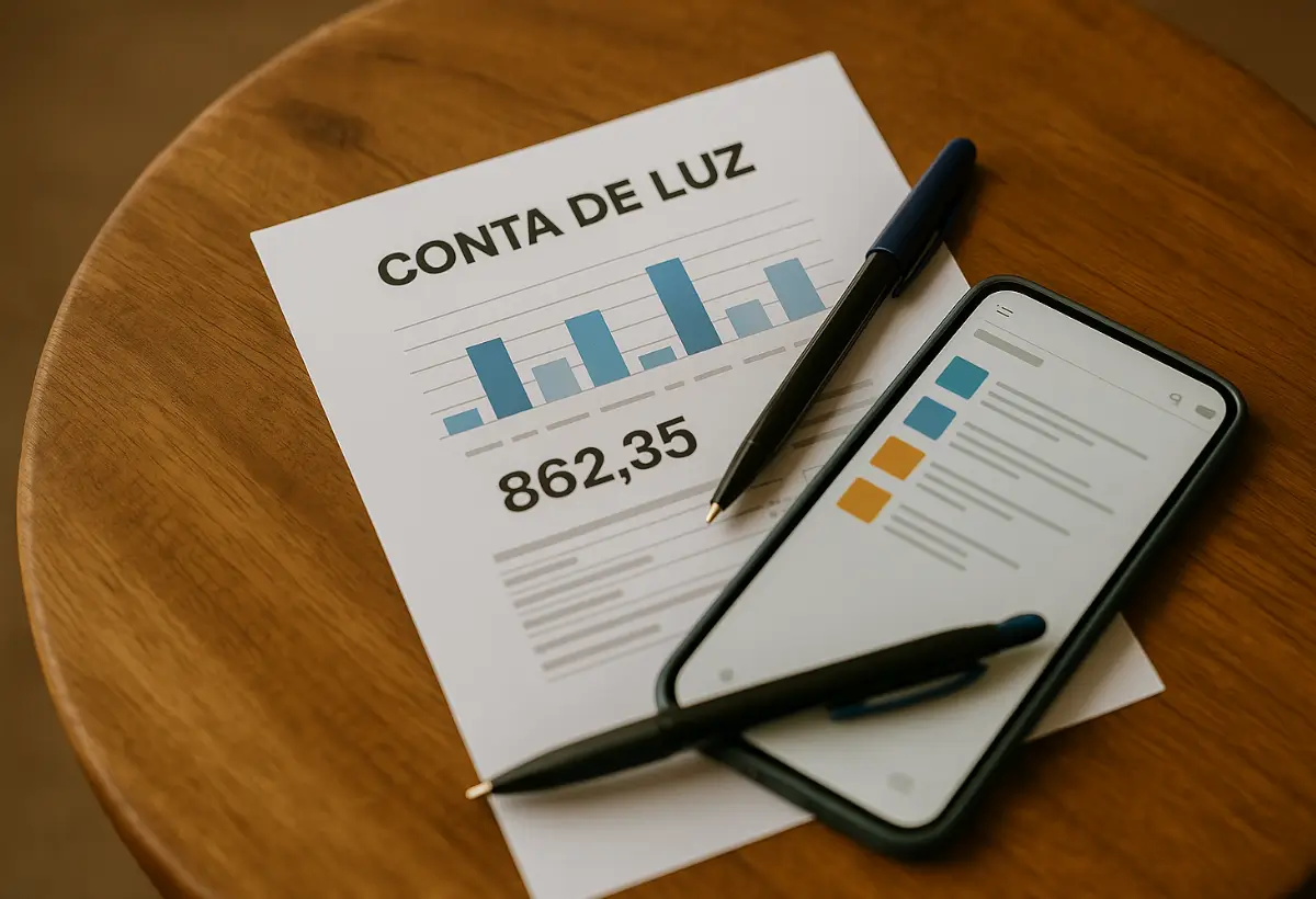 Mesa com folhas e canetas por cima e smartphone ligado com aplicativo aberto, levando a pergunta de como economizar na conta de luz no inverno