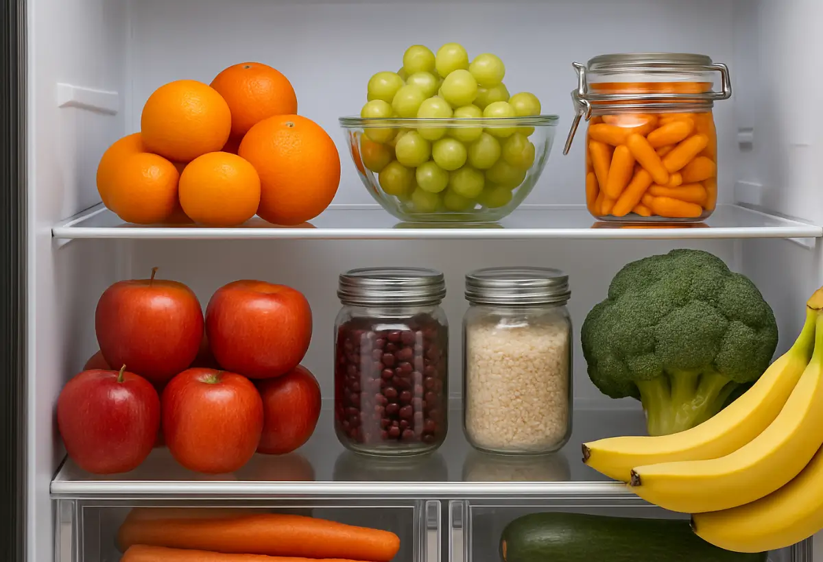 Organização de laranja, uva, cernoura, maça, arroz, feijão, brocólis e banana. Explicando como regular a geladeira no inverno apenas com a organização dela, resultando em muita mais espaço e economia.