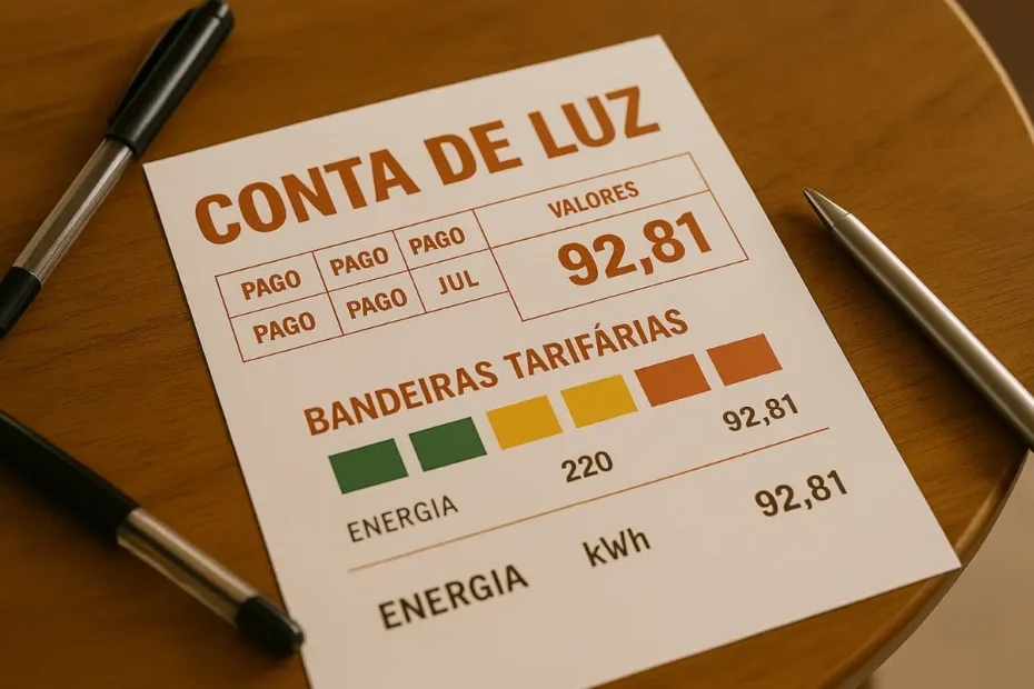 Mesa redonda com canetas sobre ela, junto do padrão de conta de luz em 2025. Junto das novas bandeiras tributárias.