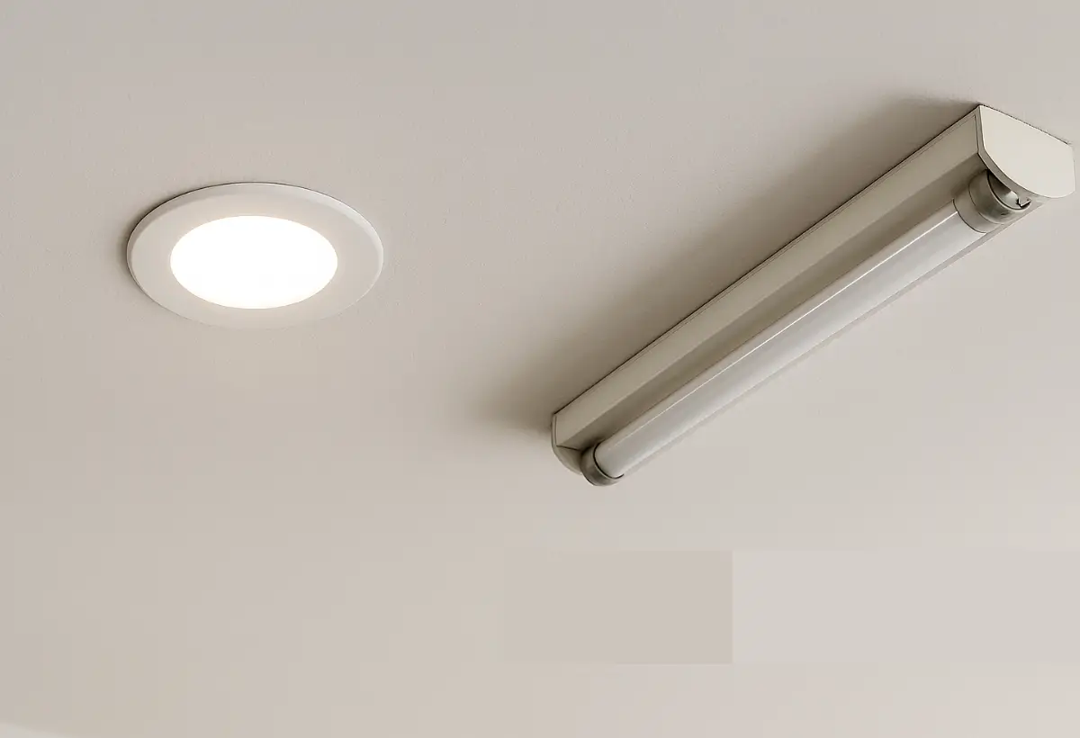 Lâmpada incandescente e lâmpada de led instaladas em teto branco, lado a lado. Fazendo a comparação entre as duas e explicando o porque com a lâmpada antiga temos mais contas de luz alta no Brasil.