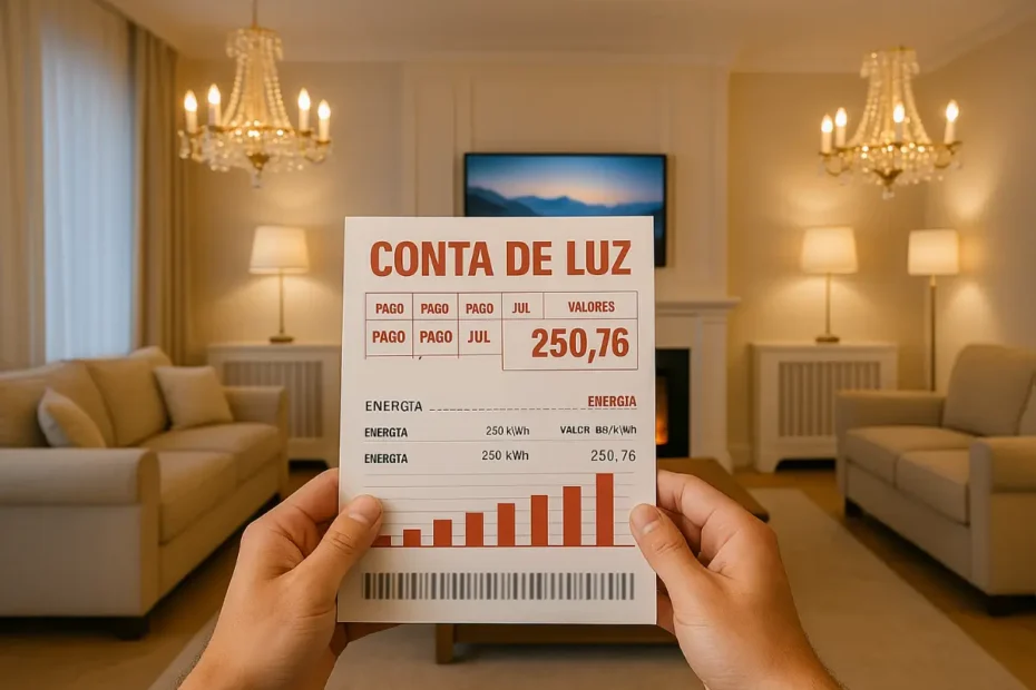 Pessoa segurando uma conta de luz alta, em sala de estar luxuosa, com lustres, sofá e televisão ligados.