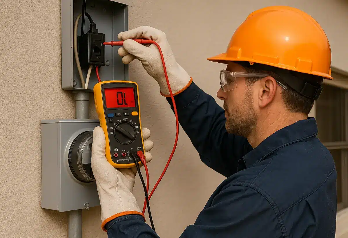 Homem com luvas, capacete e macacão usando amperimetro digital no padrão elétrico de uma casa para verificar se há vazamento de energia. Um dos motivos que mais geram uma conta de luz alta para os brasileiros.
