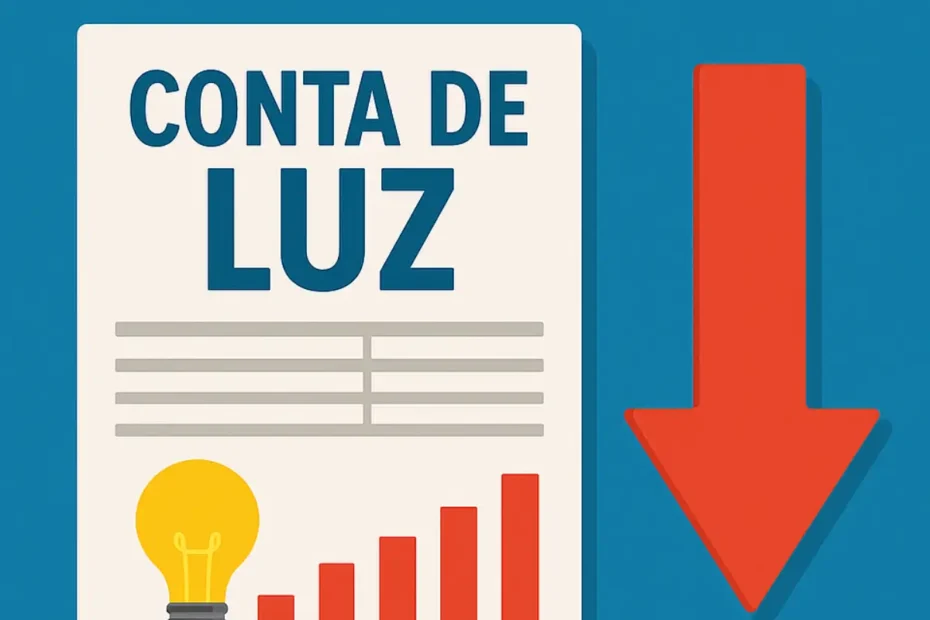 Imagem de conta de luz com uma flecha apontada para baixo. Efeito causado quando voce aprende a como reduzir a conta de luz em casa, com os produtos baratos certos.
