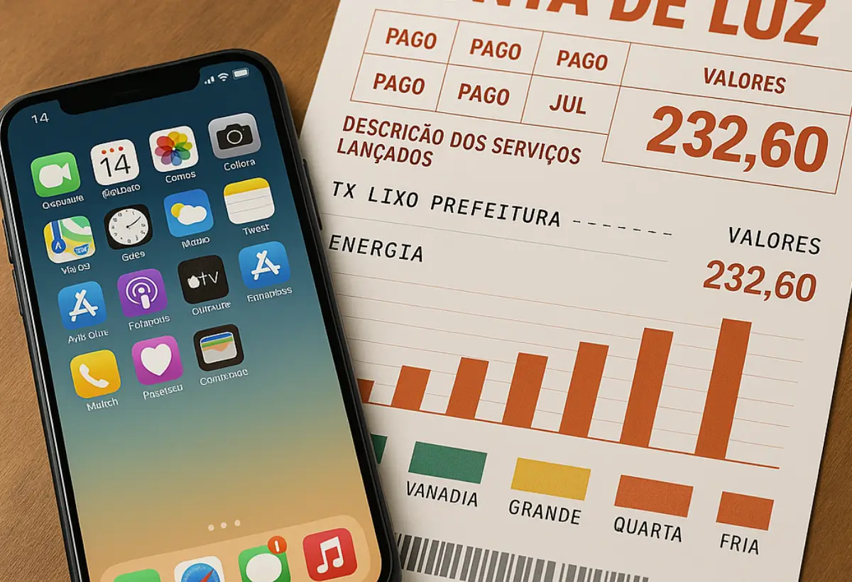 Conta de luz ao fundo do celular, celular ligado com um dos aplicativos que a judam a reduzir a conta de luz em casa, monitorando os gastos e enviando avisos.