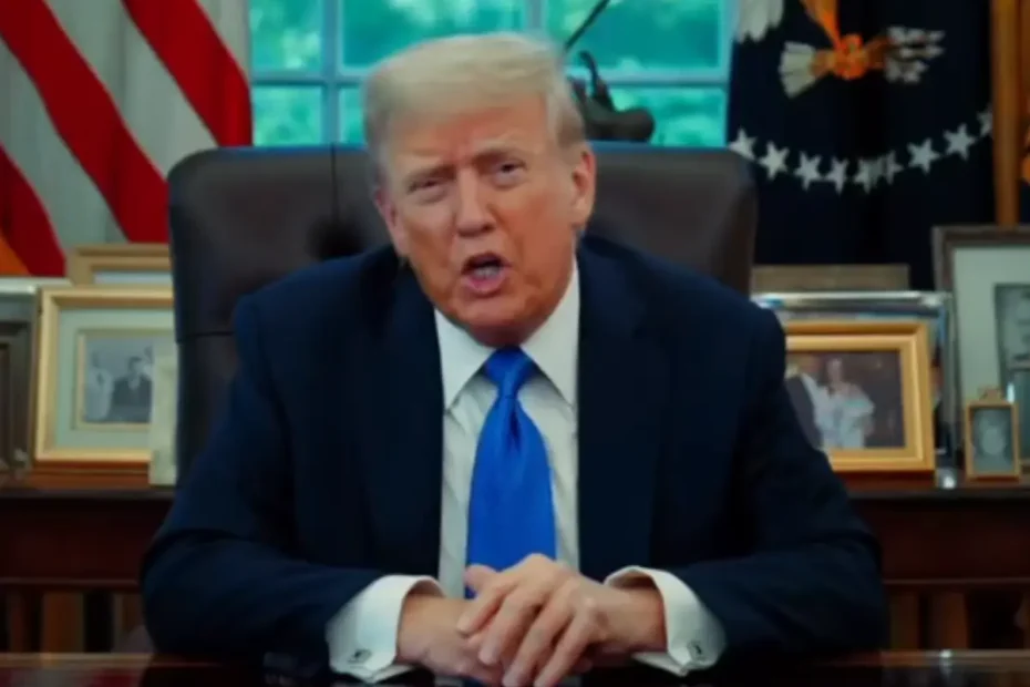 Presidente dos Estados Unidos em reunião sobre tarifas que estão aplicando em outros países. Fazendo brasileiros se questionarem se o Tarifaço do Trump Pode Beneficiar o Brasil em 2025.