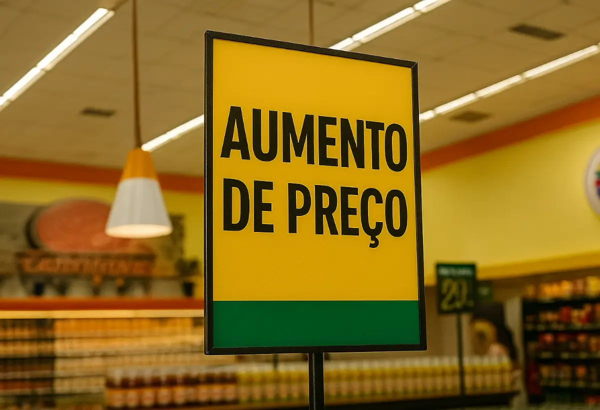 Placa de aumento de preço, movimento causado pelo tarifaço de trump no supermercado, tarifas essas que preocupam os brasileiros.