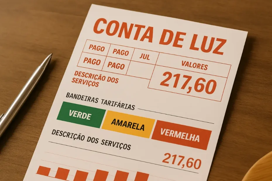 Folha de conta de luz em agosto, mostrando as bandeiras tarifárias, verde, amarela e vermelha.