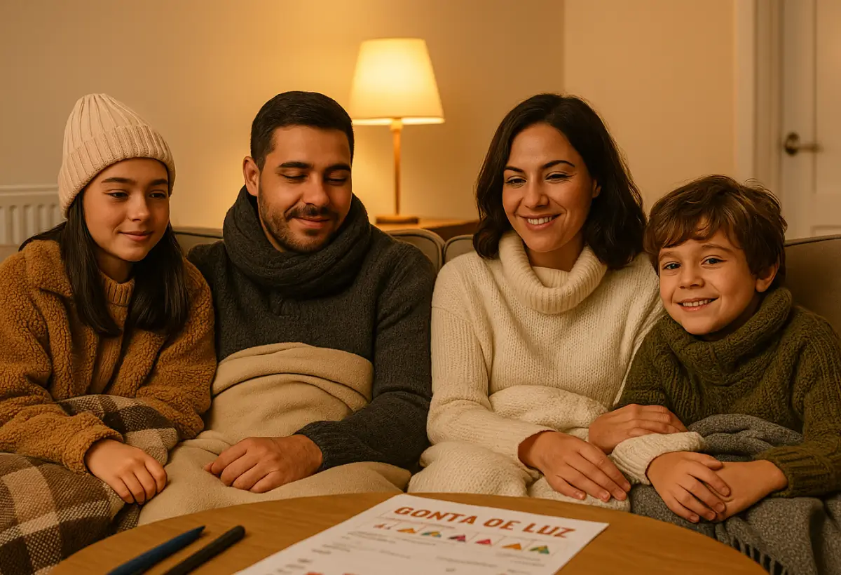 Família reunida na sala de estar, sentada no sofá, com mesa de madeira no meio, com conta de luz em agosto encima da mesa de madeira.